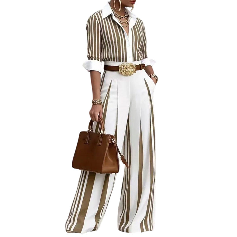 ✨👗 Randigt set för damer – avslappnad skjorta & byxor med vida ben | Smala, eleganta, bekväma