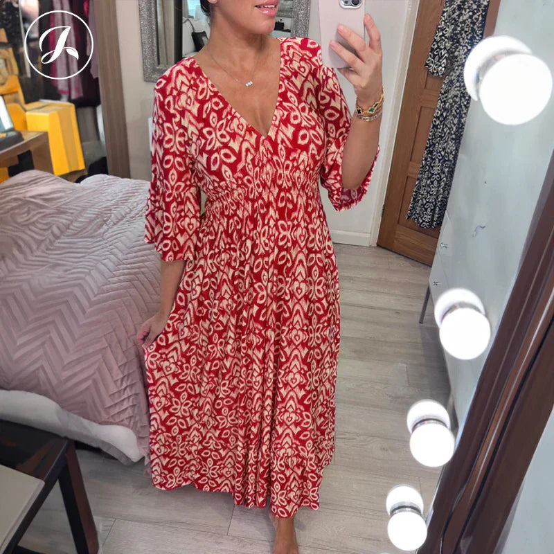 💖SISTA DAGENS REA 50 % RABATT💖Lång klänning i bohemisk stil med V-ringning och knytning i midjan