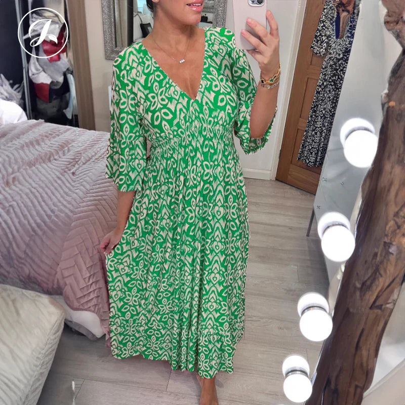 💖SISTA DAGENS REA 50 % RABATT💖Lång klänning i bohemisk stil med V-ringning och knytning i midjan
