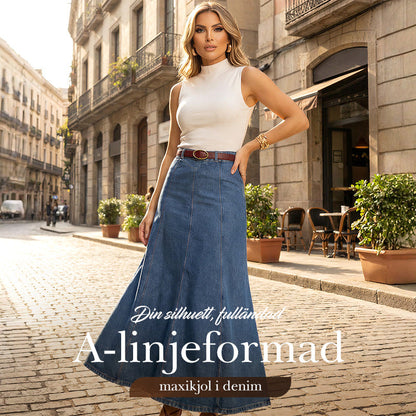 🌟 A-linjeformad maxikjol i denim – ger en längre och smalare silhuett 💃