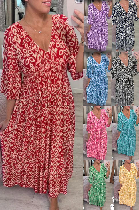 💖SISTA DAGENS REA 50 % RABATT💖Lång klänning i bohemisk stil med V-ringning och knytning i midjan