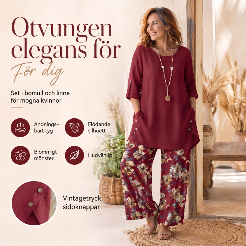 👚 50% RABATT NU! 🌿Damset med topp och byxor i bomull och linne, halvärmad – Andningsbart och lätt – Perfekt för sommaren, kontoret eller vardagliga dagar – avslappnad passform med naturlig textur 🌸✨