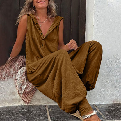 🌸 BEGRÄNSAD TID 50% RABATT! 💥 Dam Avslappnad Huvlös Ärmäslös Jumpsuit – Lös Passform, Andningsbar & Snygg 🌿