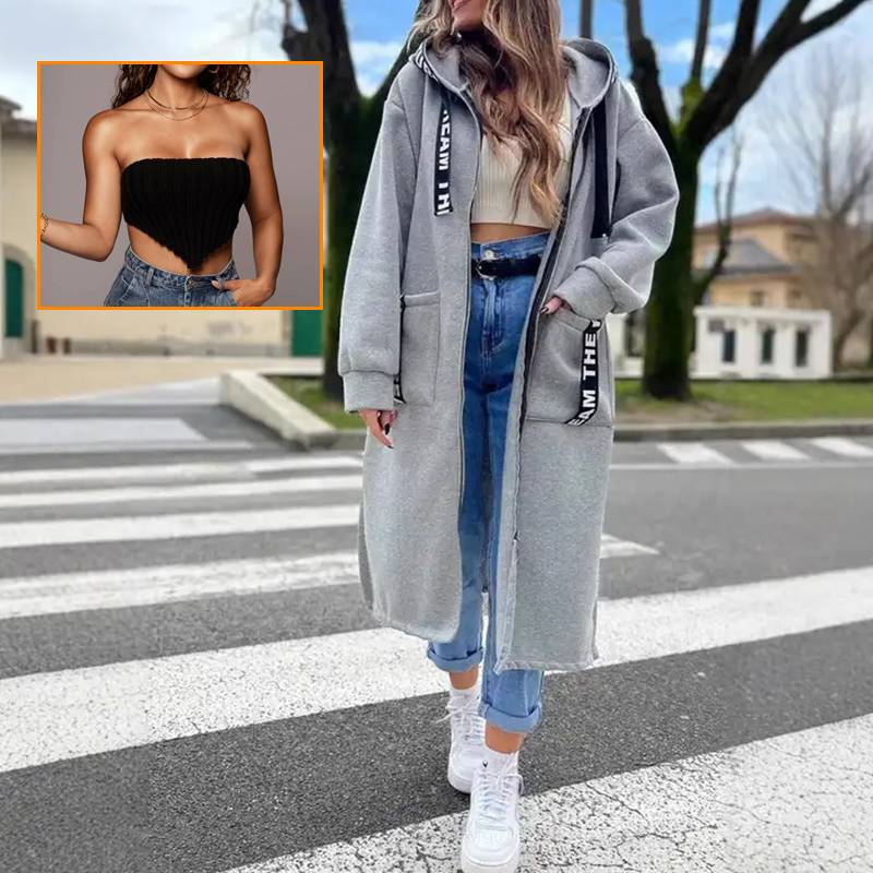 🔥Essentiella outfits för dejter✨ Lång tröja med huva för dam🍂 och axelbandslös topp