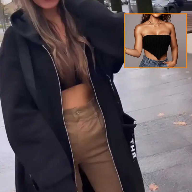 🔥Essentiella outfits för dejter✨ Lång tröja med huva för dam🍂 och axelbandslös topp