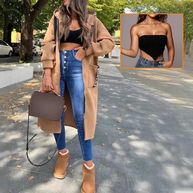 🔥Essentiella outfits för dejter✨ Lång tröja med huva för dam🍂 och axelbandslös topp