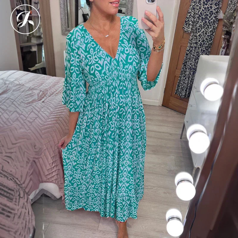 💖SISTA DAGENS REA 50 % RABATT💖Lång klänning i bohemisk stil med V-ringning och knytning i midjan