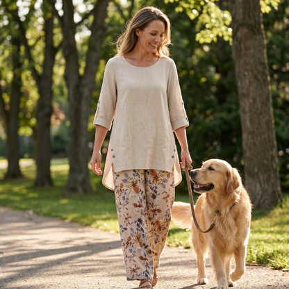 👚 50% RABATT NU! 🌿Damset med topp och byxor i bomull och linne, halvärmad – Andningsbart och lätt – Perfekt för sommaren, kontoret eller vardagliga dagar – avslappnad passform med naturlig textur 🌸✨