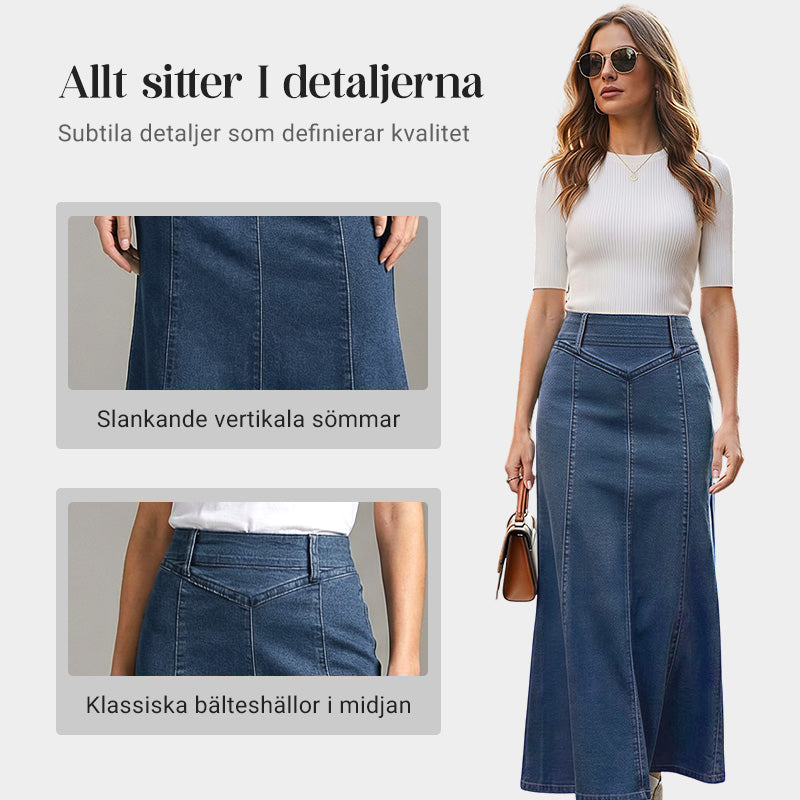 🌟 A-linjeformad maxikjol i denim – ger en längre och smalare silhuett 💃