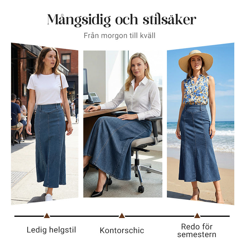 🌟 A-linjeformad maxikjol i denim – ger en längre och smalare silhuett 💃