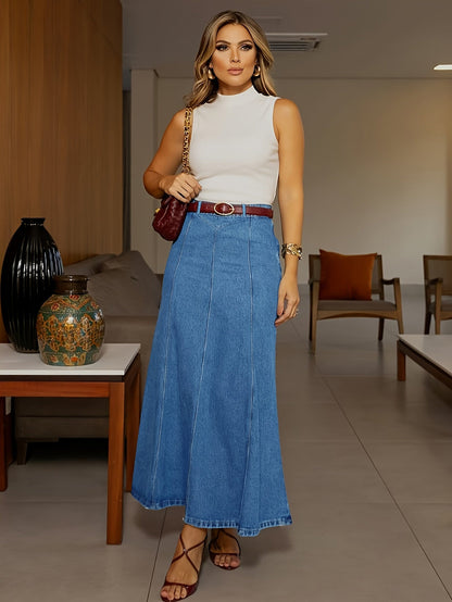 🌟 A-linjeformad maxikjol i denim – ger en längre och smalare silhuett 💃