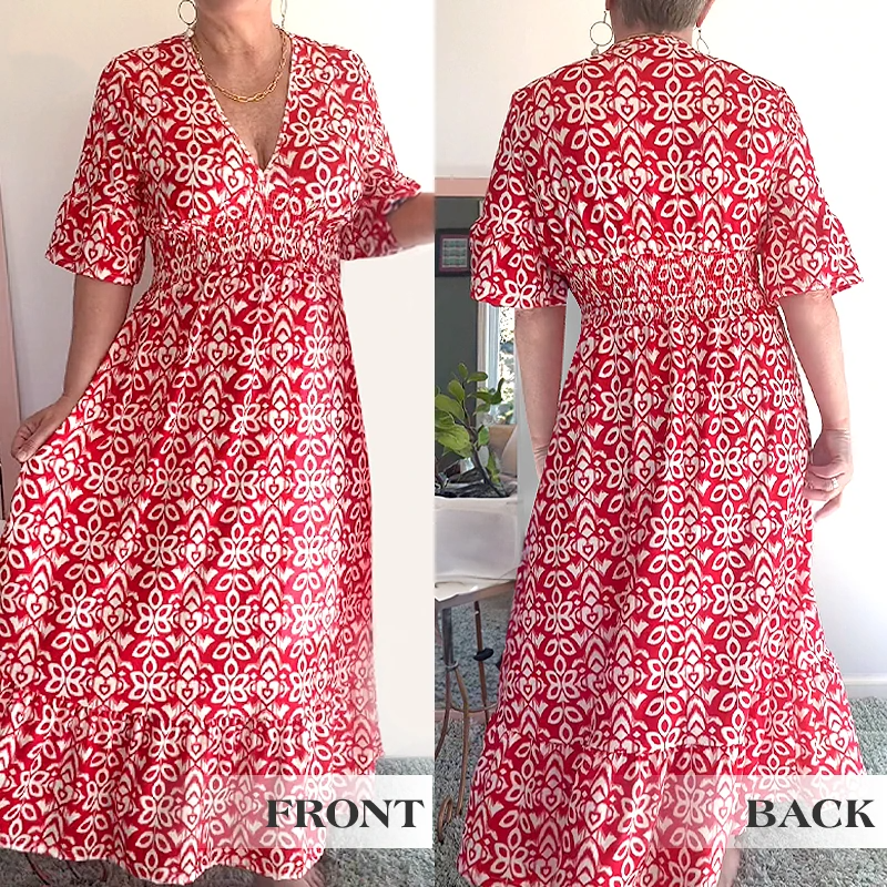 💖SISTA DAGENS REA 50 % RABATT💖Lång klänning i bohemisk stil med V-ringning och knytning i midjan