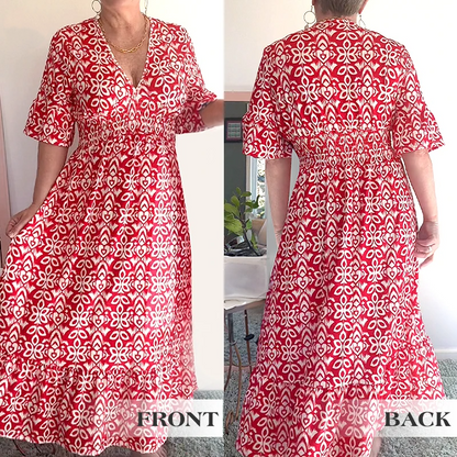 💖SISTA DAGENS REA 50 % RABATT💖Lång klänning i bohemisk stil med V-ringning och knytning i midjan