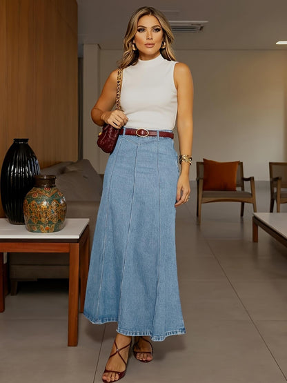 🌟 A-linjeformad maxikjol i denim – ger en längre och smalare silhuett 💃