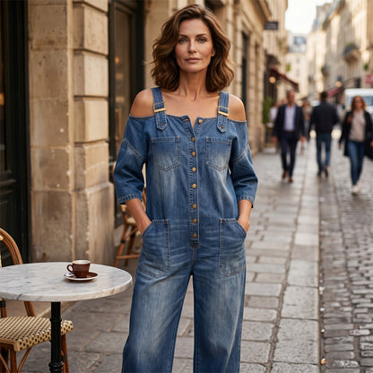 🔥✨ Cold-shoulder jumpsuit med vida ben & fickor – luftig komfort och stilren elegans för sommaren ☀️