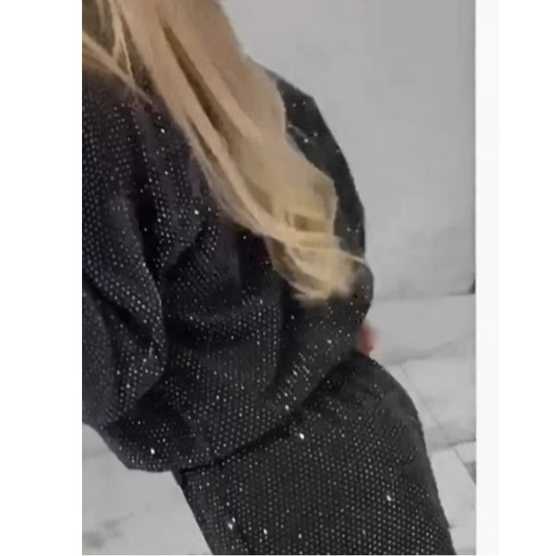 🎅Förhandsförsäljning inför julen🎄Löst sittande topp med paljetter och vida byxor (2-delat set)