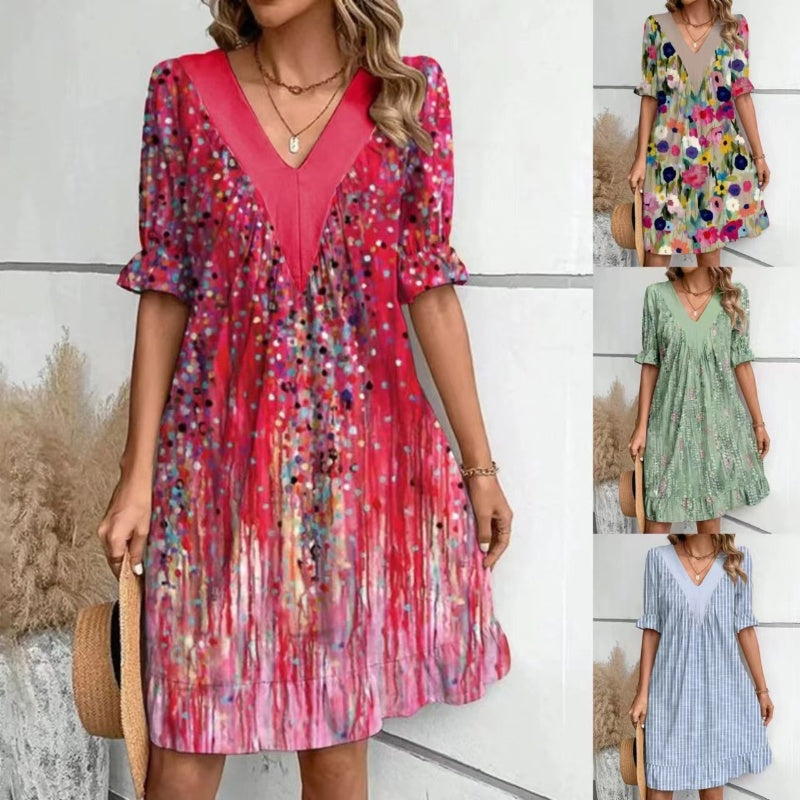 💕 V-Neck Flowy Mini-klänningar för kvinnor