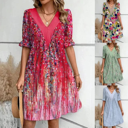 💕 V-Neck Flowy Mini-klänningar för kvinnor