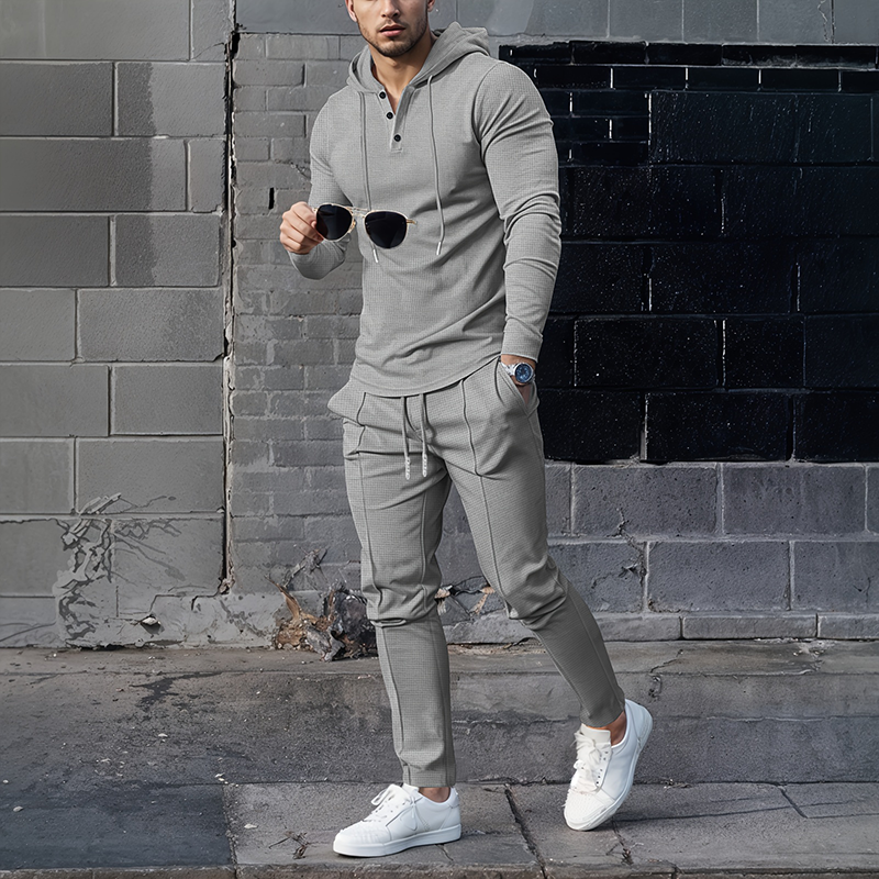 Huvtröja i enfärgat material för herr, 2-delat set