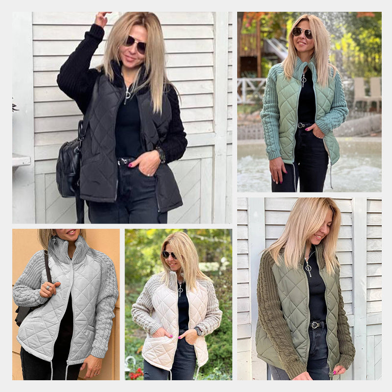 Stickad Patchwork Puffig Jacka för Kvinnor