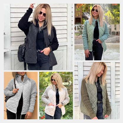 Stickad Patchwork Puffig Jacka för Kvinnor