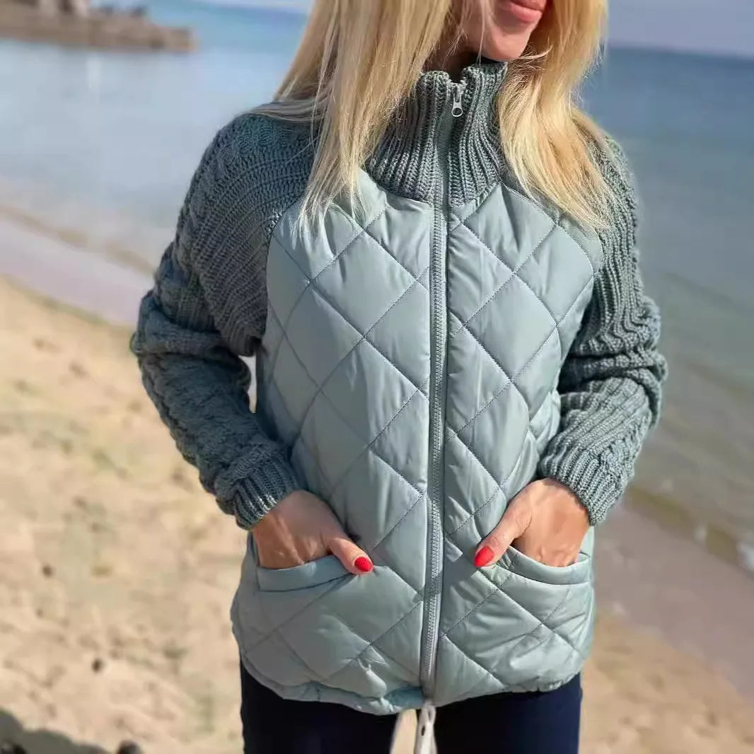 Stickad Patchwork Puffig Jacka för Kvinnor