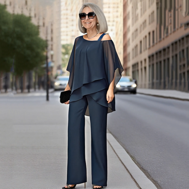⏳Begränsad tid 50 % Rabatt⏰Oregelbundna chiffongtoppar för kvinnor ＆ vidbyxor 2-delars set👚👖