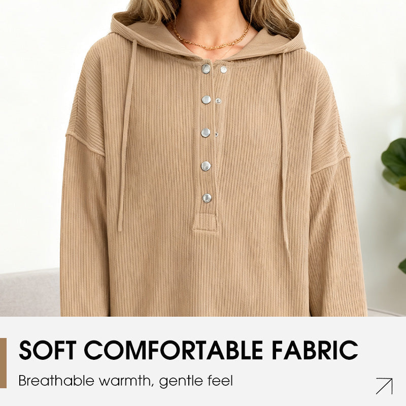 🎉🧥 Långärmad hoodie för dam – V-ringning med knappdetaljer, avslappnad passform och sidoslitsar – elegant utan ansträngning 🌸✨