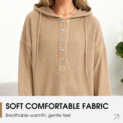 🎉🧥 Långärmad hoodie för dam – V-ringning med knappdetaljer, avslappnad passform och sidoslitsar – elegant utan ansträngning 🌸✨