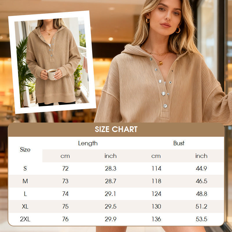 🎉🧥 Långärmad hoodie för dam – V-ringning med knappdetaljer, avslappnad passform och sidoslitsar – elegant utan ansträngning 🌸✨