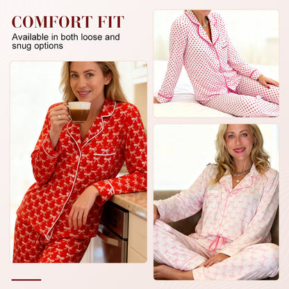 Långärmad pyjamas för kvinnor med hjärtmönster och knappar