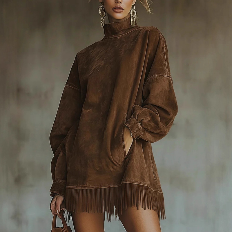 🍂Höstens exklusiva erbjudande|Dam Långärmad Fransklänning – Oversized Höstklänning med Mjuk Komfort och Elegant Stil