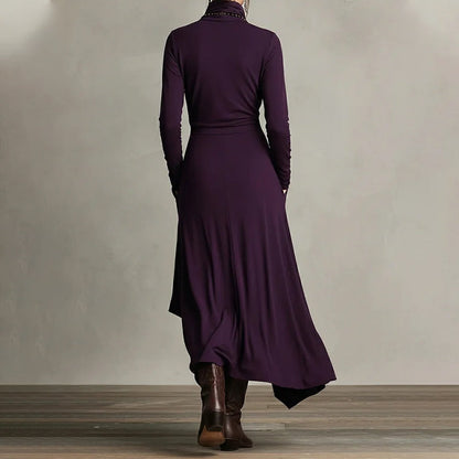 【📍Utsökt kollektion📍】Elegant asymmetrisk draperad maxiklänning med hög hals och midja för kvinnor