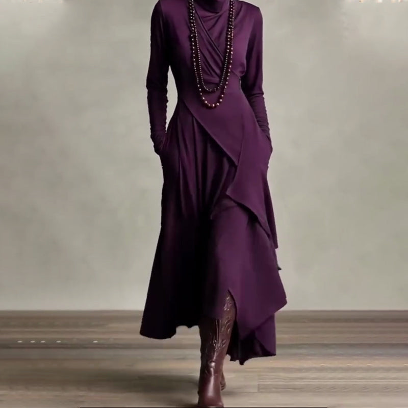 【📍Utsökt kollektion📍】Elegant asymmetrisk draperad maxiklänning med hög hals och midja för kvinnor