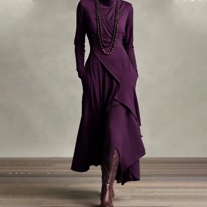 【📍Utsökt kollektion📍】Elegant asymmetrisk draperad maxiklänning med hög hals och midja för kvinnor