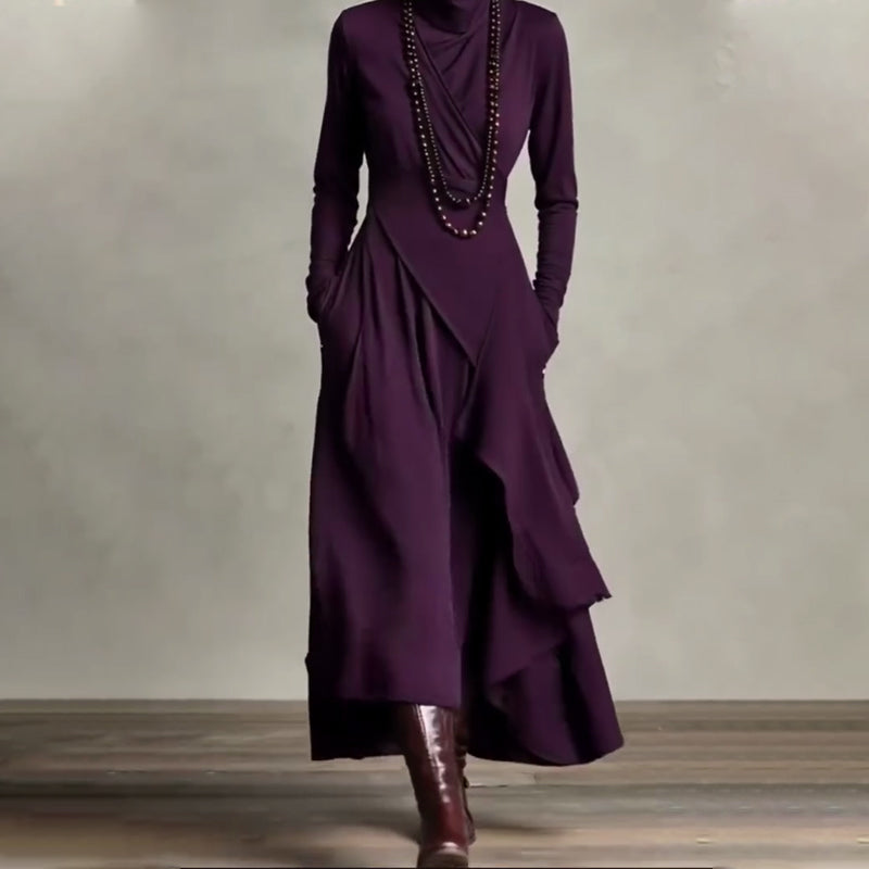 【📍Utsökt kollektion📍】Elegant asymmetrisk draperad maxiklänning med hög hals och midja för kvinnor