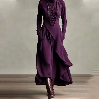 【📍Utsökt kollektion📍】Elegant asymmetrisk draperad maxiklänning med hög hals och midja för kvinnor