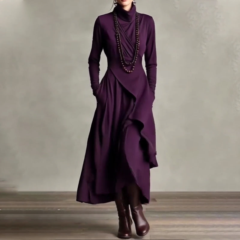 【📍Utsökt kollektion📍】Elegant asymmetrisk draperad maxiklänning med hög hals och midja för kvinnor