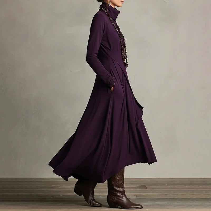 【📍Utsökt kollektion📍】Elegant asymmetrisk draperad maxiklänning med hög hals och midja för kvinnor