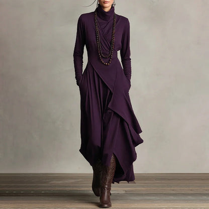 【📍Utsökt kollektion📍】Elegant asymmetrisk draperad maxiklänning med hög hals och midja för kvinnor