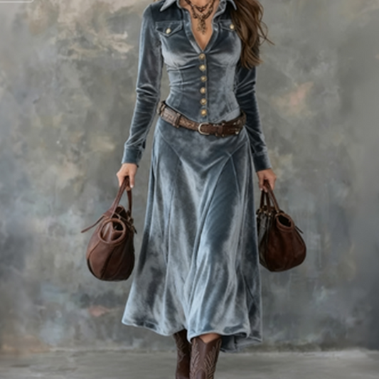 Långärmad maxiklänning i sammet för kvinnor