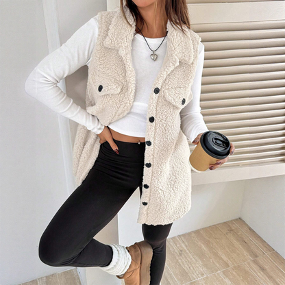 Varm, mjuk lång väst med knappar och krage för damer