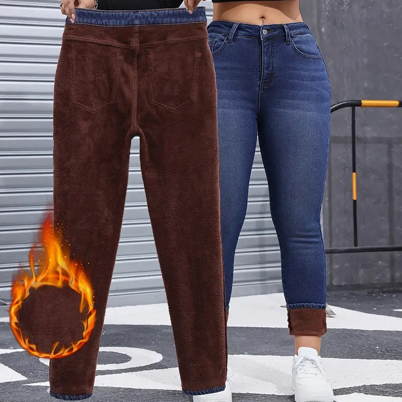 Högstretchiga, plädfodrade skinny jeans för damer