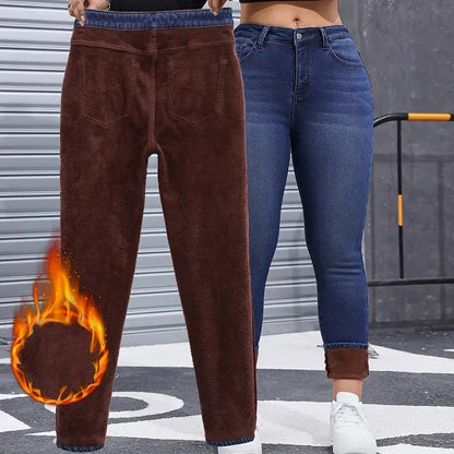 Högstretchiga, plädfodrade skinny jeans för damer
