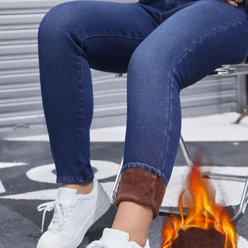 Högstretchiga, plädfodrade skinny jeans för damer