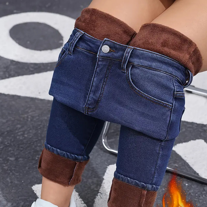 Högstretchiga, plädfodrade skinny jeans för damer