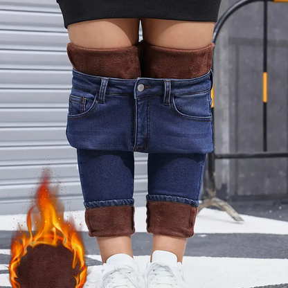 Högstretchiga, plädfodrade skinny jeans för damer