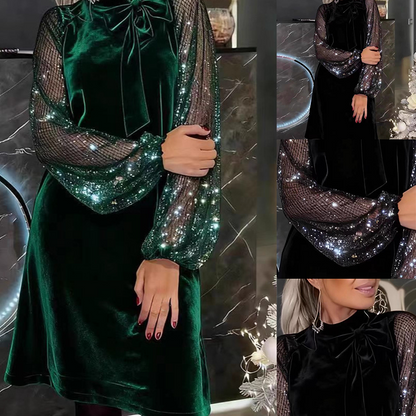 ⏳Begränsad tid 50 % Rabatt⏰Damklänning med Glitter och Fluga vid Halsen✨👗