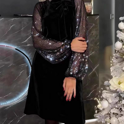 ⏳Begränsad tid 50 % Rabatt⏰Damklänning med Glitter och Fluga vid Halsen✨👗