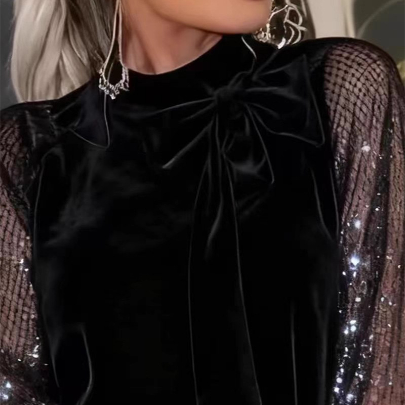 ⏳Begränsad tid 50 % Rabatt⏰Damklänning med Glitter och Fluga vid Halsen✨👗
